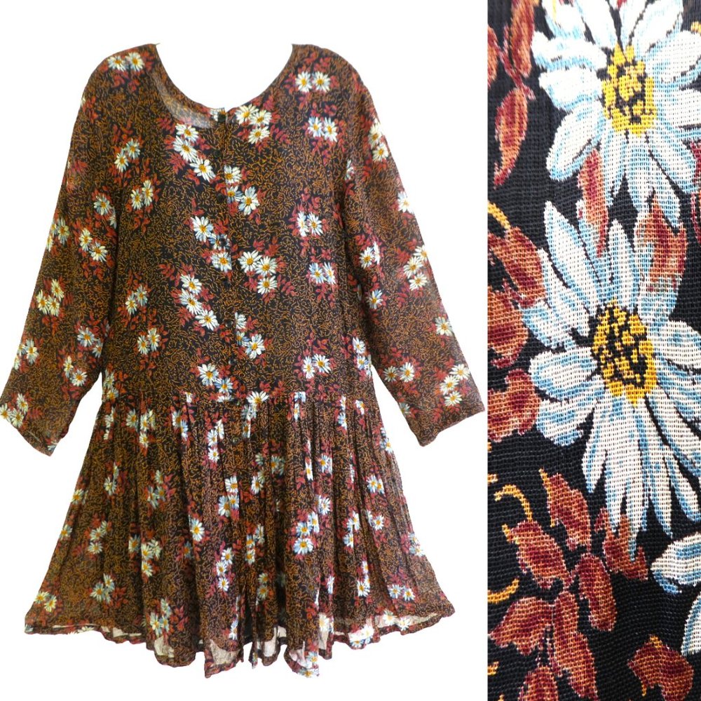 Vintage Nostalgia Babydoll Dress Sheer Brown Floral over Black Slip Pleat Skirt